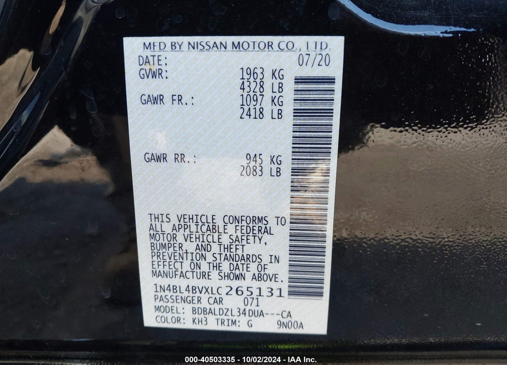 2020 NISSAN ALTIMA S FWD VIN: 1N4BL4BVXLC265131