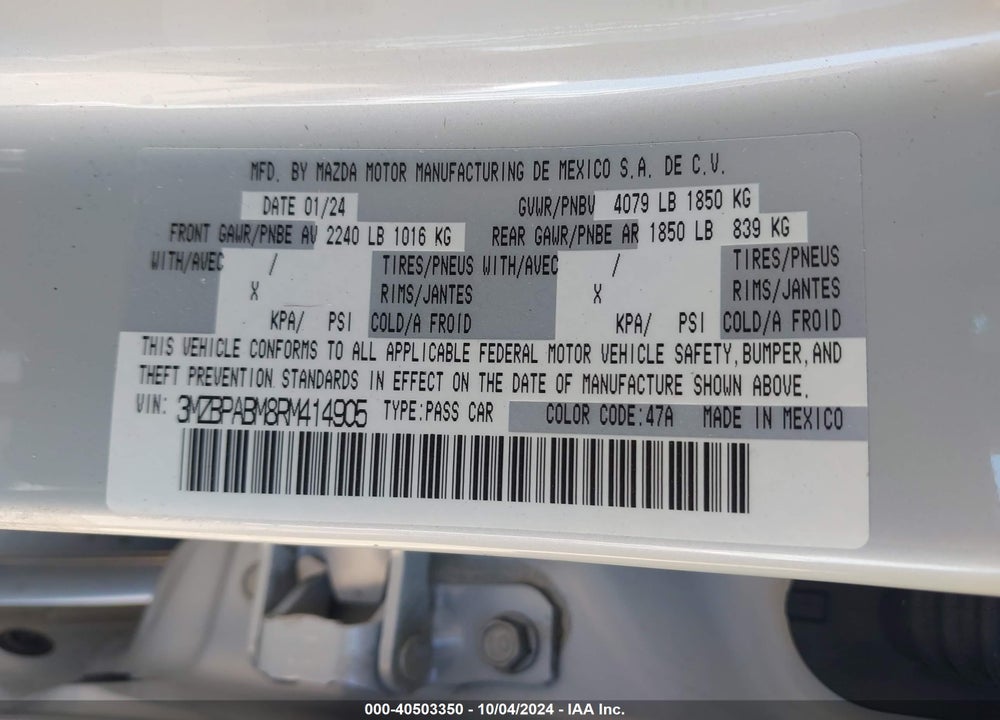 2024 MAZDA 3 2.5 S SELECT SPORT VIN: 3MZBPABM8RM414905