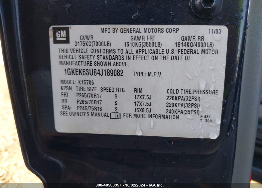 2004 GMC YUKON DENALI VIN: 1GKEK63U84J189082