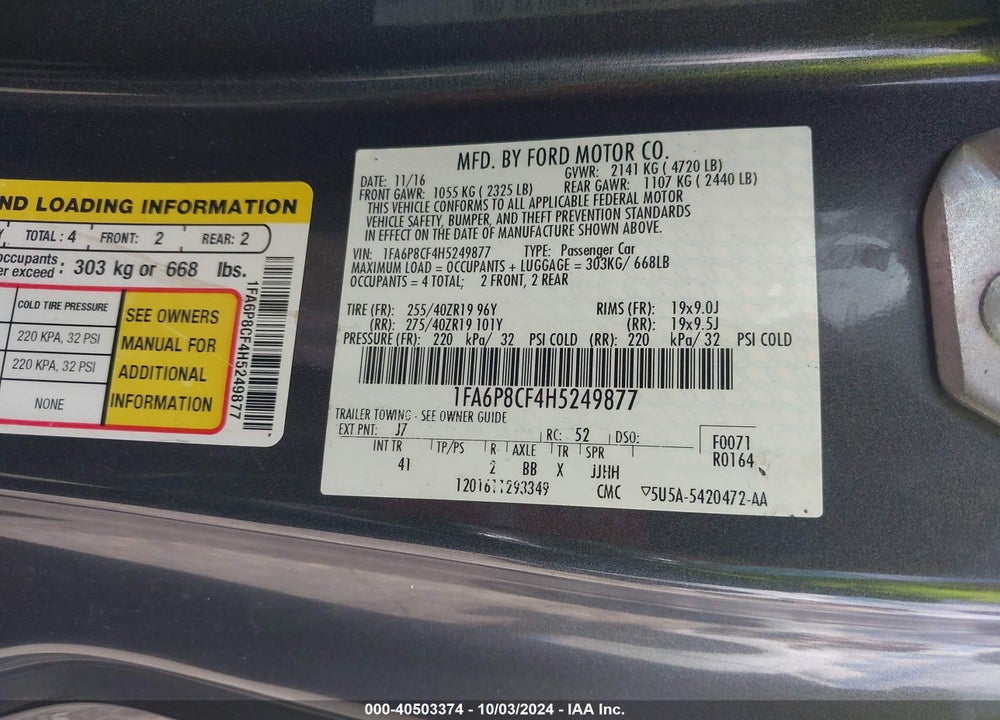 2017 FORD MUSTANG GT PREMIUM VIN: 1FA6P8CF4H5249877