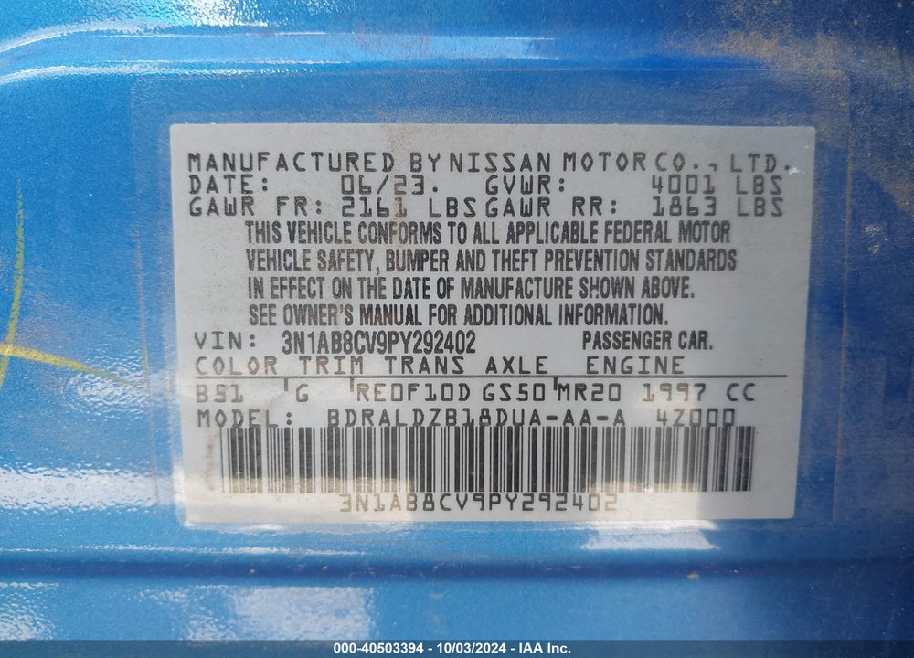 2023 NISSAN SENTRA SV XTRONIC CVT VIN: 3N1AB8CV9PY292402