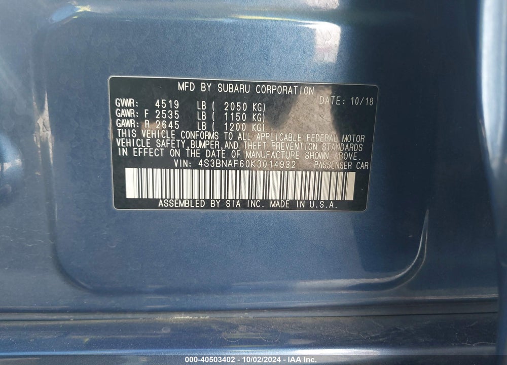 2019 SUBARU LEGACY VIN: 4S3BNAF60K3014932