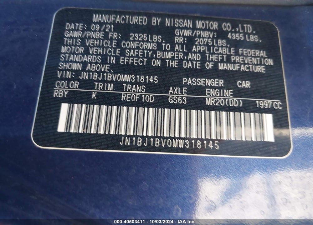 2021 NISSAN ROGUE SPORT VIN: JN1BJ1BV0MW318145