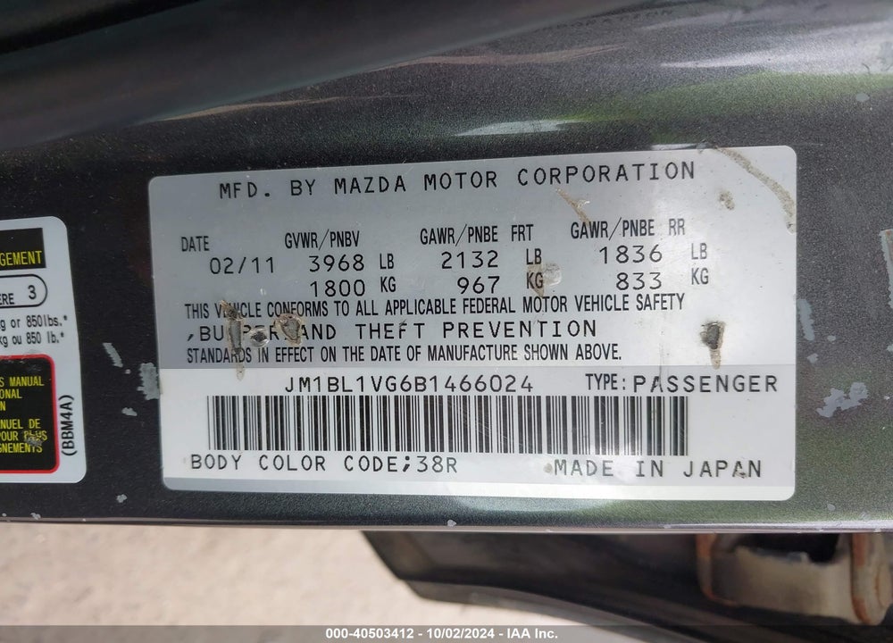 2011 MAZDA 3 I TOURING VIN: JM1BL1VG6B1466024