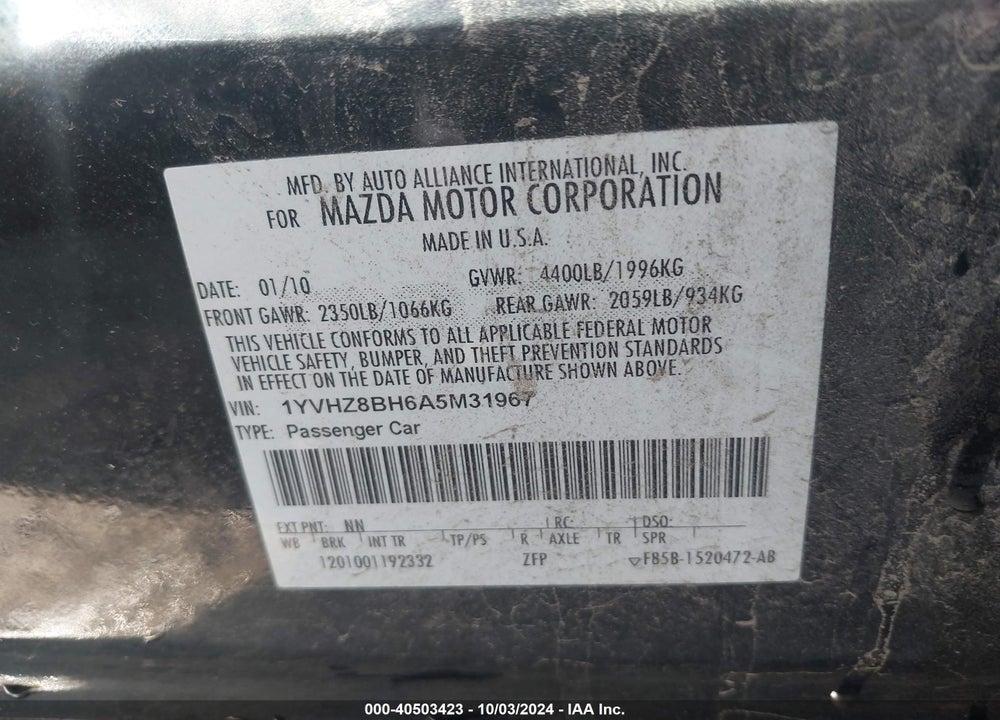 2010 MAZDA 6 VIN: 1YVHZ8BH6A5M31967