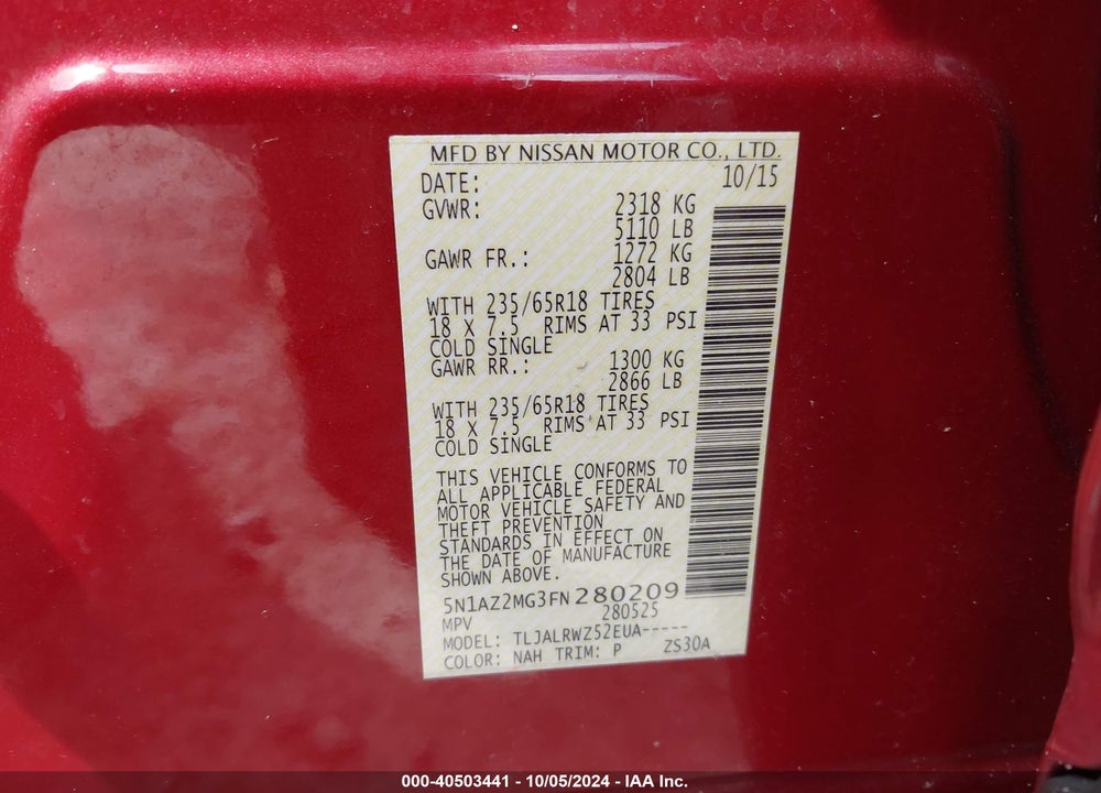 2015 NISSAN MURANO SL VIN: 5N1AZ2MG3FN280209