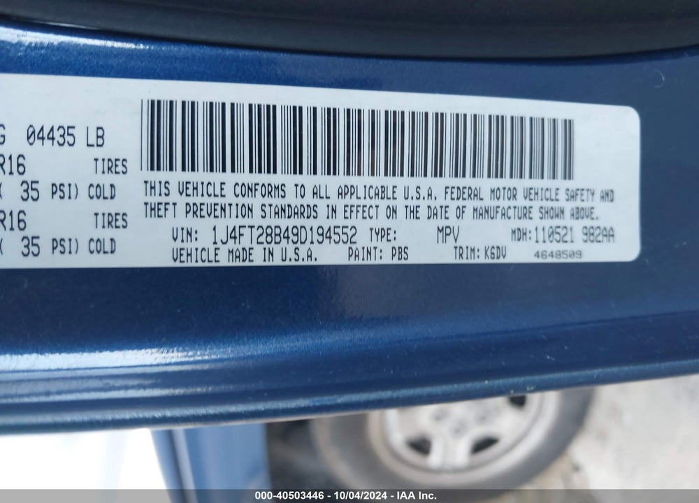 2009 JEEP PATRIOT SPORT VIN: 1J4FT28B49D194552
