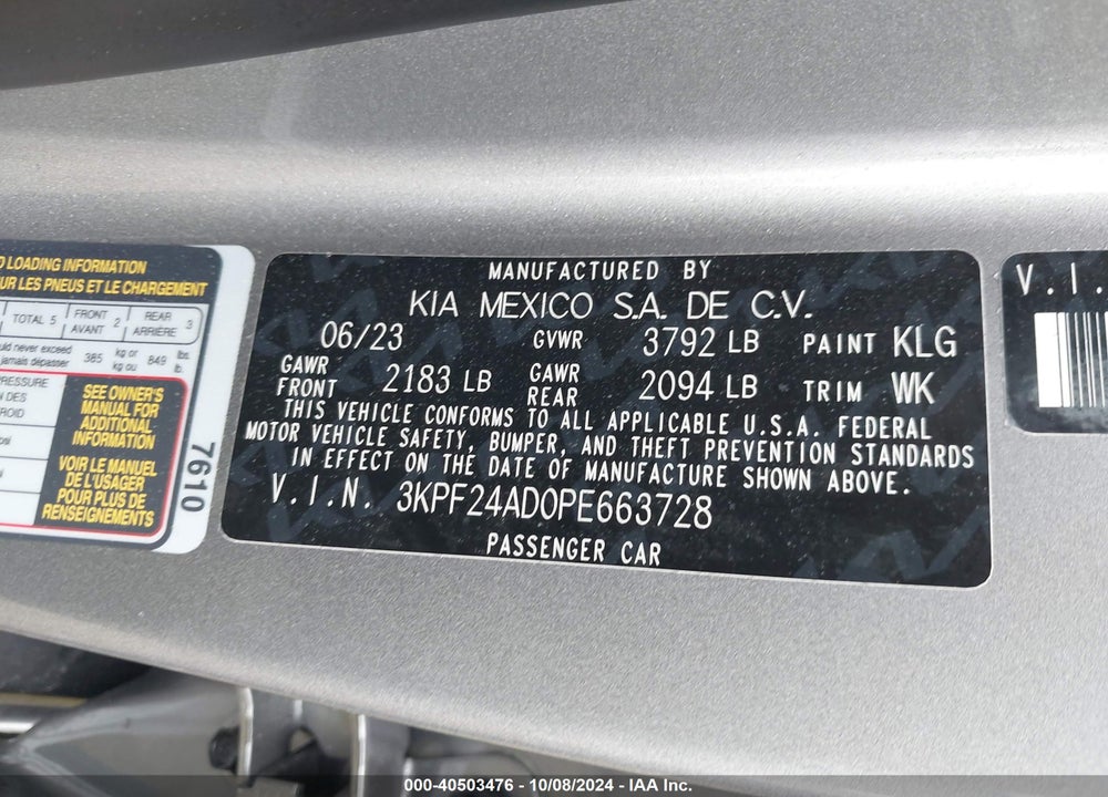 2023 KIA FORTE LXS VIN: 3KPF24AD0PE663728