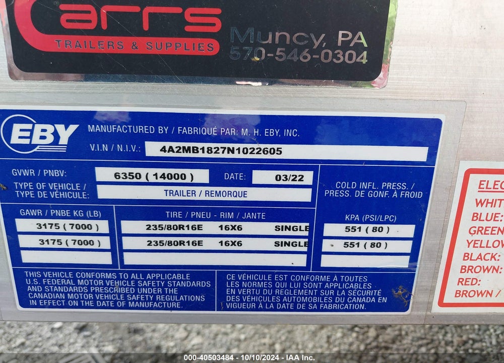 2022 M H EBY TRAILERS TRAILER VIN: 4A2MB1827N1022605