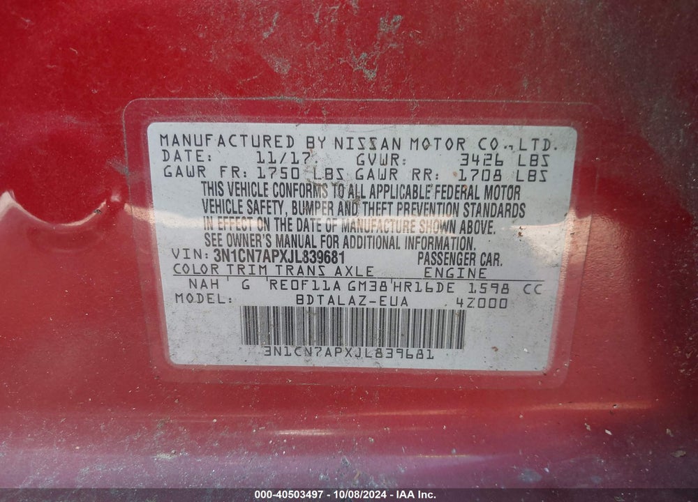 2018 NISSAN VERSA 1.6 S+ VIN: 3N1CN7APXJL839681