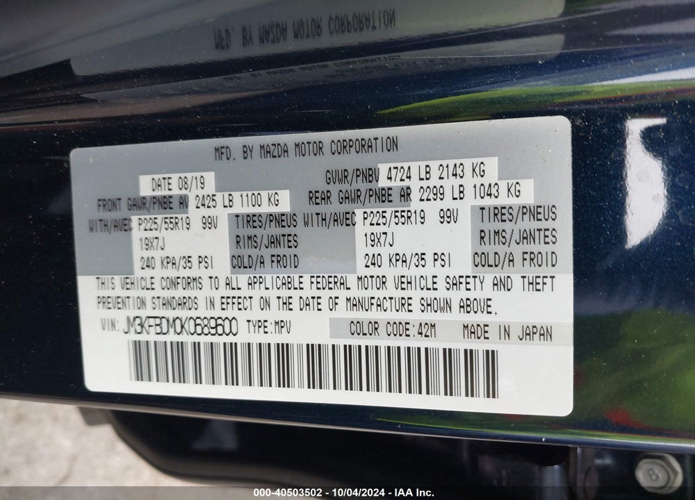 2019 MAZDA CX-5 GRAND TOURING VIN: JM3KFBDM0K0689600