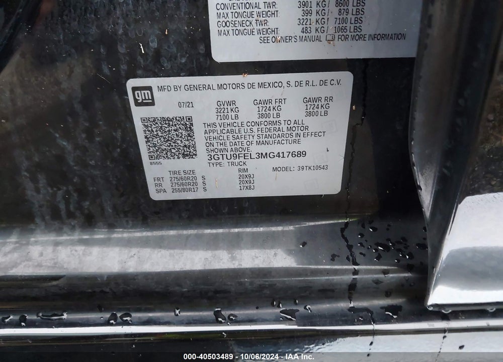 2021 GMC SIERRA 1500 4WD SHORT BOX DENALI VIN: 3GTU9FEL3MG417689
