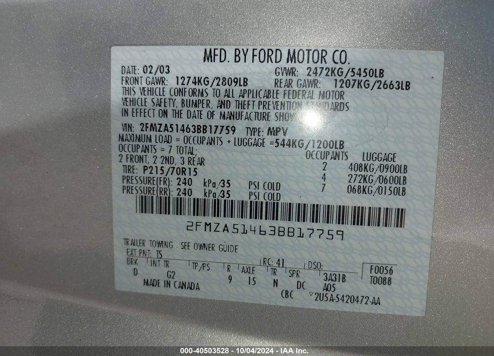 2003 FORD WINDSTAR LX VIN: 2FMZA51463BB17759