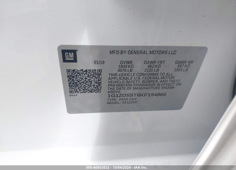2019 CHEVROLET MALIBU LT VIN: 1G1ZD5ST6KF154866