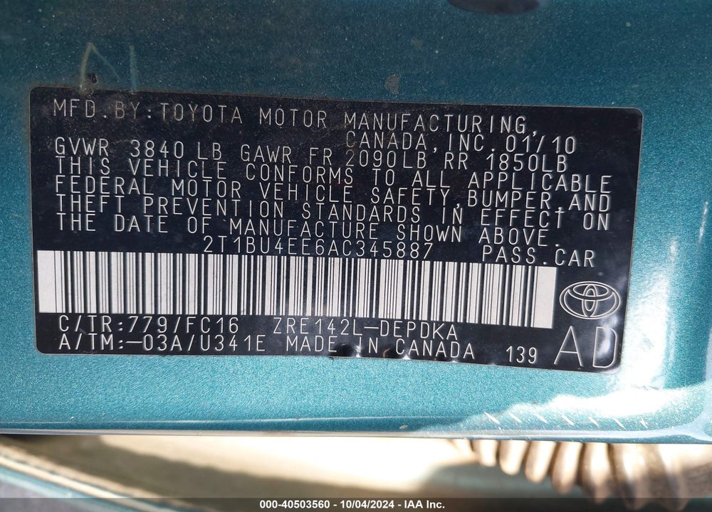 2010 TOYOTA COROLLA LE VIN: 2T1BU4EE6AC345887