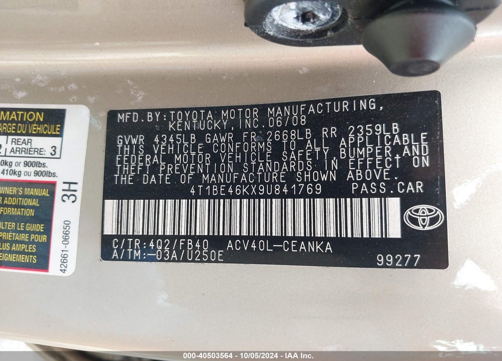 2009 TOYOTA CAMRY LE VIN: 4T1BE46KX9U841769