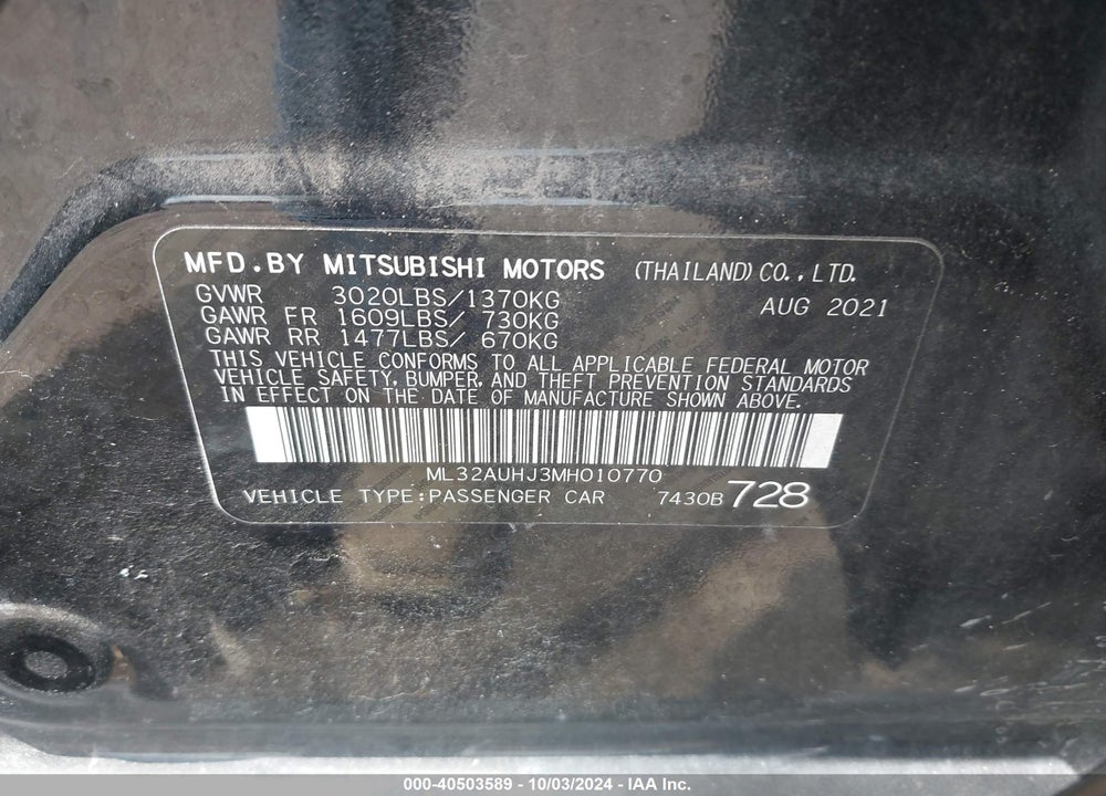 2021 MITSUBISHI MIRAGE CARBONITE EDITION/ES/LE VIN: ML32AUHJ3MH010770