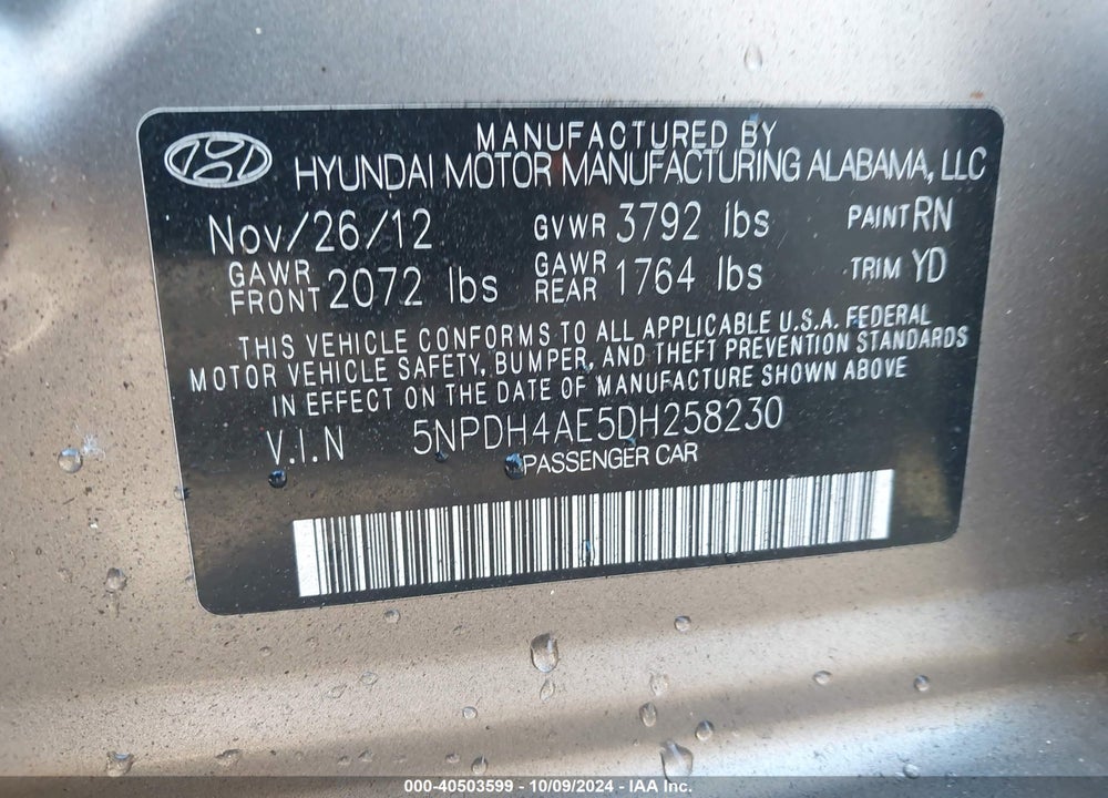 2013 HYUNDAI ELANTRA GLS VIN: 5NPDH4AE5DH258230