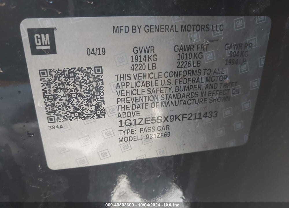 2019 CHEVROLET MALIBU PREMIER VIN: 1G1ZE5SX9KF211433