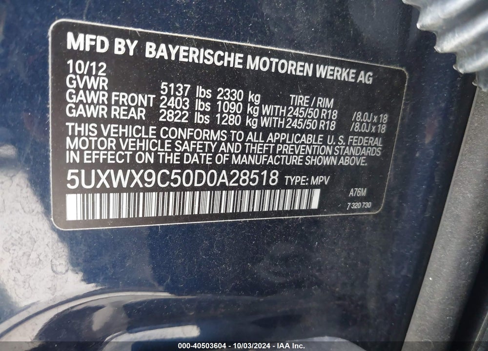 2013 BMW X3 XDRIVE28I VIN: 5UXWX9C50D0A28518