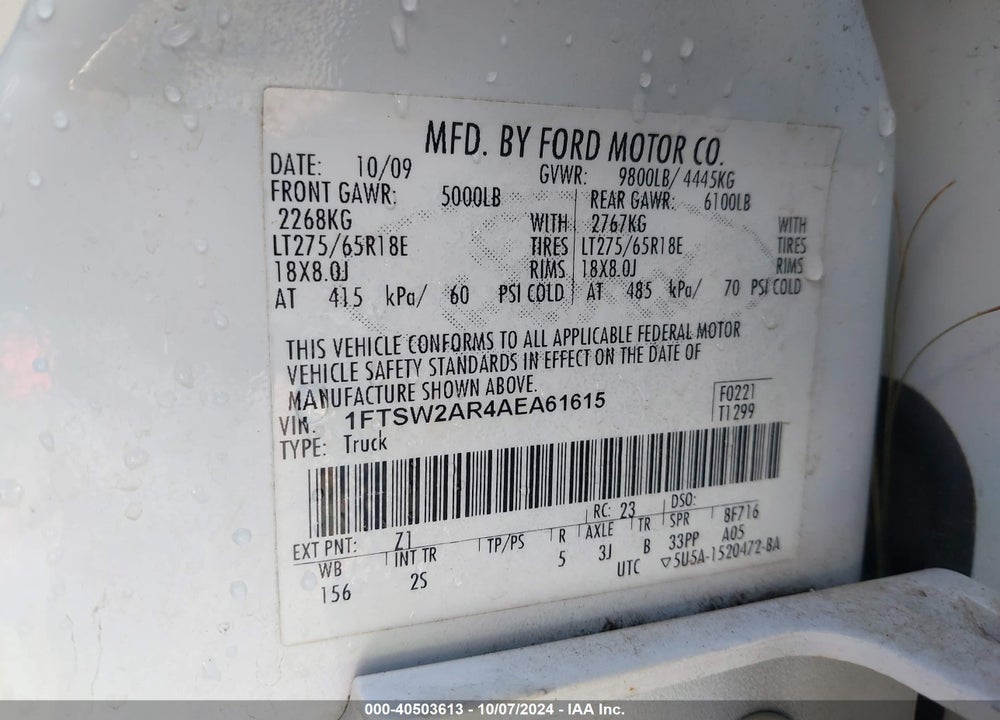 2010 FORD F-250 XLT VIN: 1FTSW2AR4AEA61615
