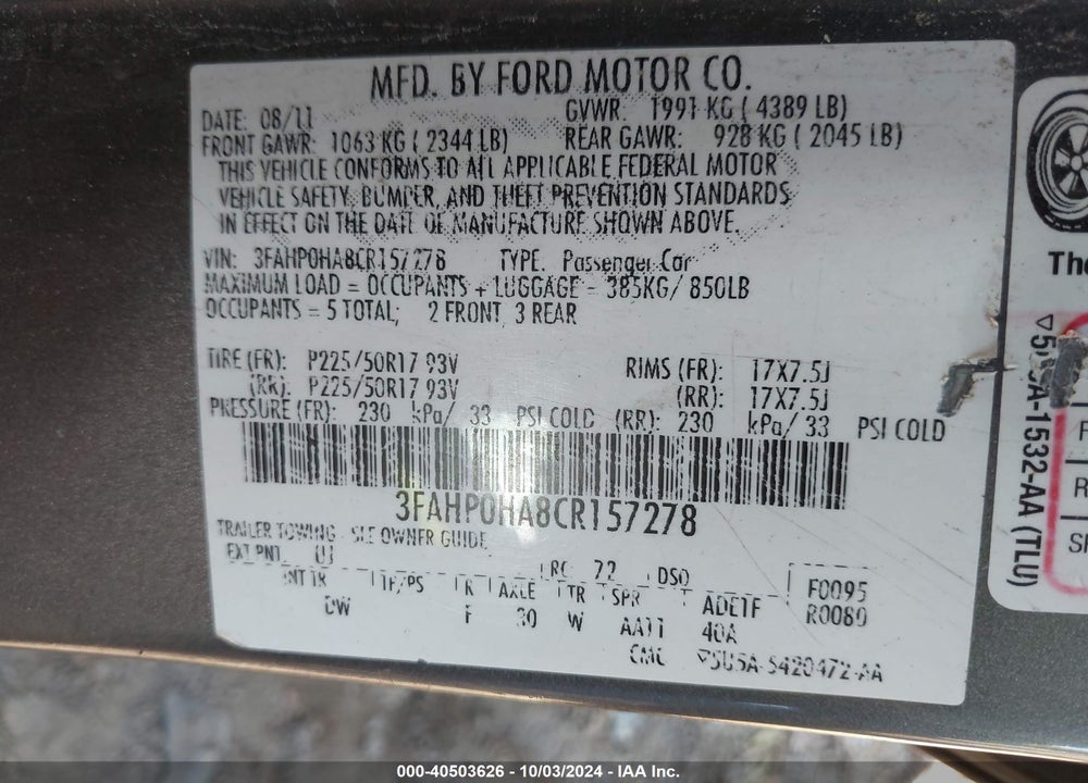 2012 FORD FUSION SE VIN: 3FAHP0HA8CR157278