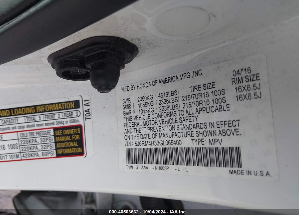 2016 HONDA CR-V LX VIN: 5J6RM4H33GL065400