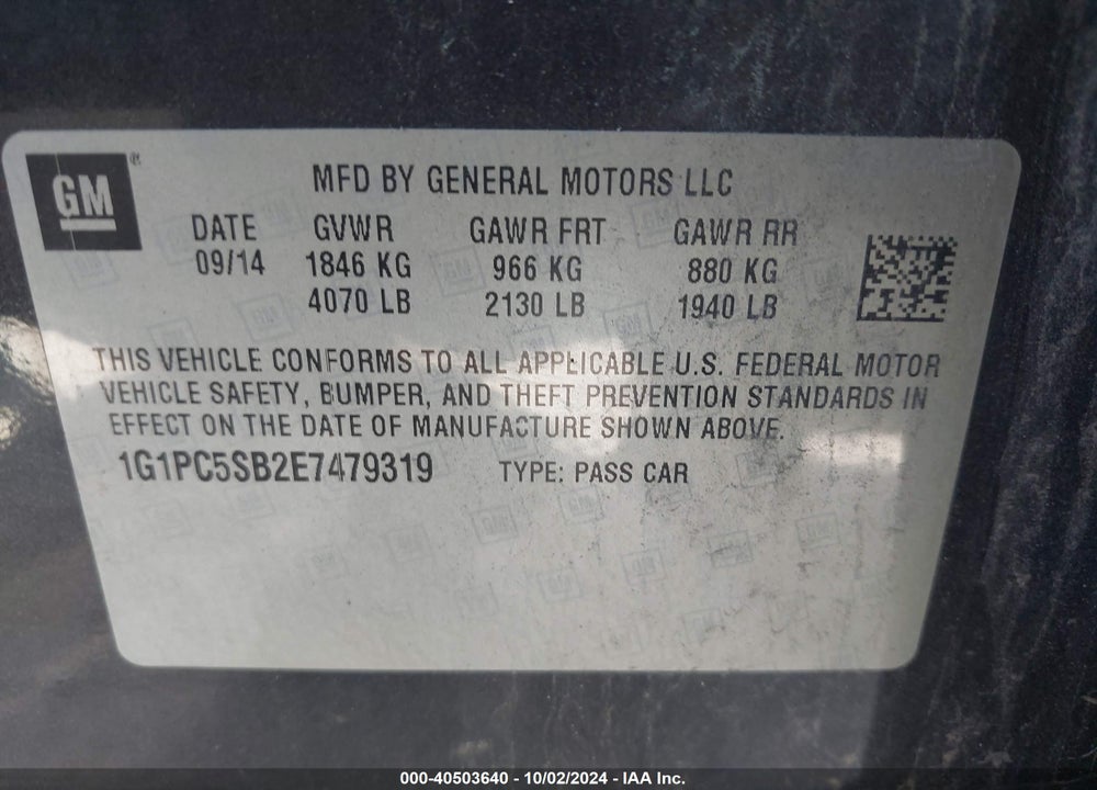 2014 CHEVROLET CRUZE 1LT AUTO VIN: 1G1PC5SB2E7479319