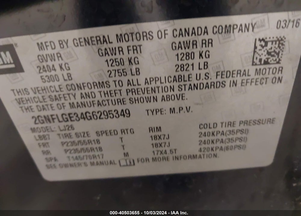 2016 CHEVROLET EQUINOX LTZ VIN: 2GNFLGE34G6295349