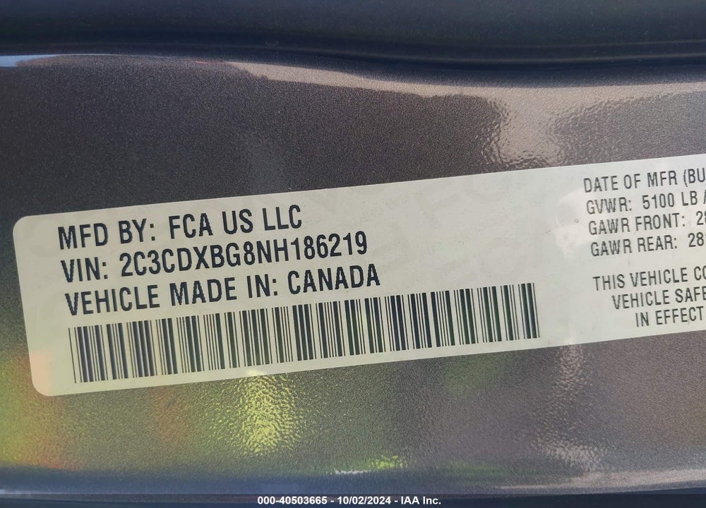 2022 DODGE CHARGER SXT RWD VIN: 2C3CDXBG8NH186219