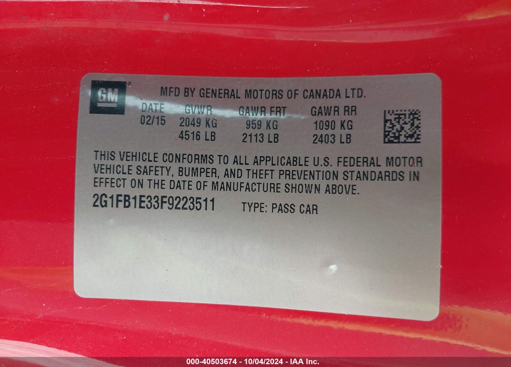 2015 CHEVROLET CAMARO 2LS VIN: 2G1FB1E33F9223511