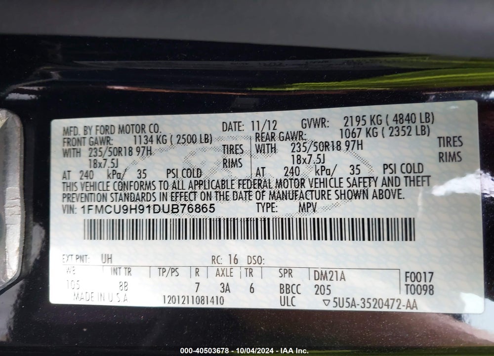 2013 FORD ESCAPE SEL VIN: 1FMCU9H91DUB76865