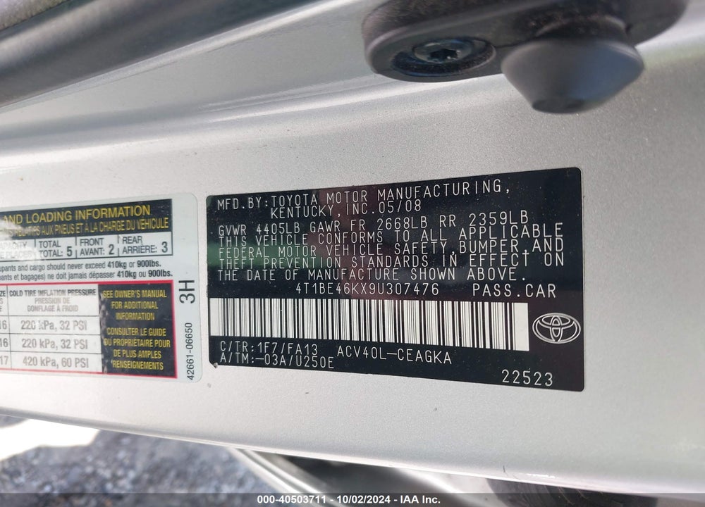 2009 TOYOTA CAMRY XLE VIN: 4T1BE46KX9U307476