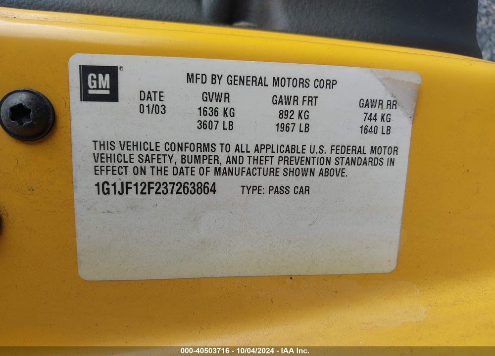 2003 CHEVROLET CAVALIER LS VIN: 1G1JF12F237263864
