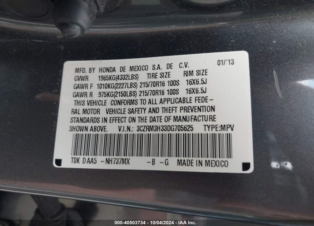 2013 HONDA CR-V LX VIN: 3CZRM3H33DG705625