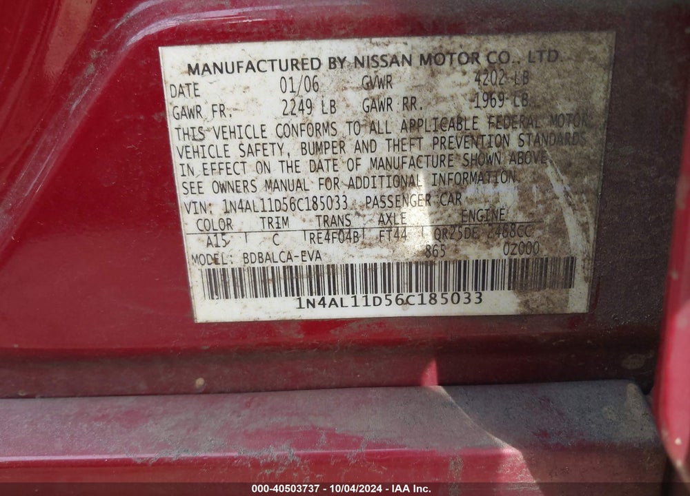 2006 NISSAN ALTIMA 2.5 S VIN: 1N4AL11D56C185033