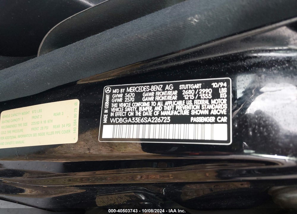 1995 MERCEDES-BENZ S 320 VIN: WDBGA33E6SA226723