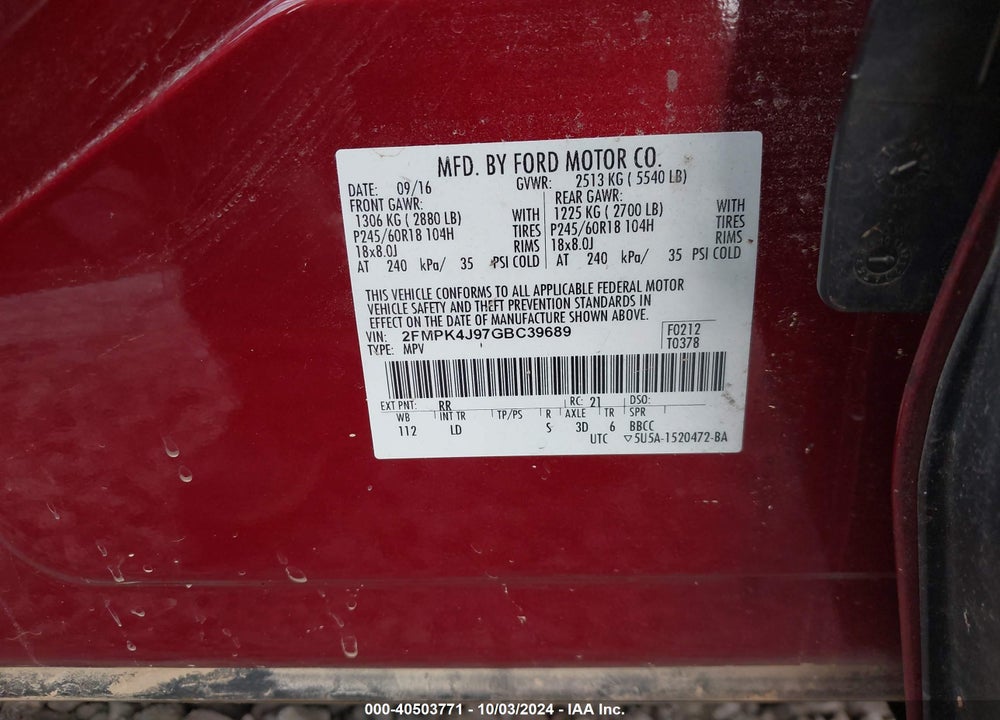 2016 FORD EDGE SEL VIN: 2FMPK4J97GBC39689