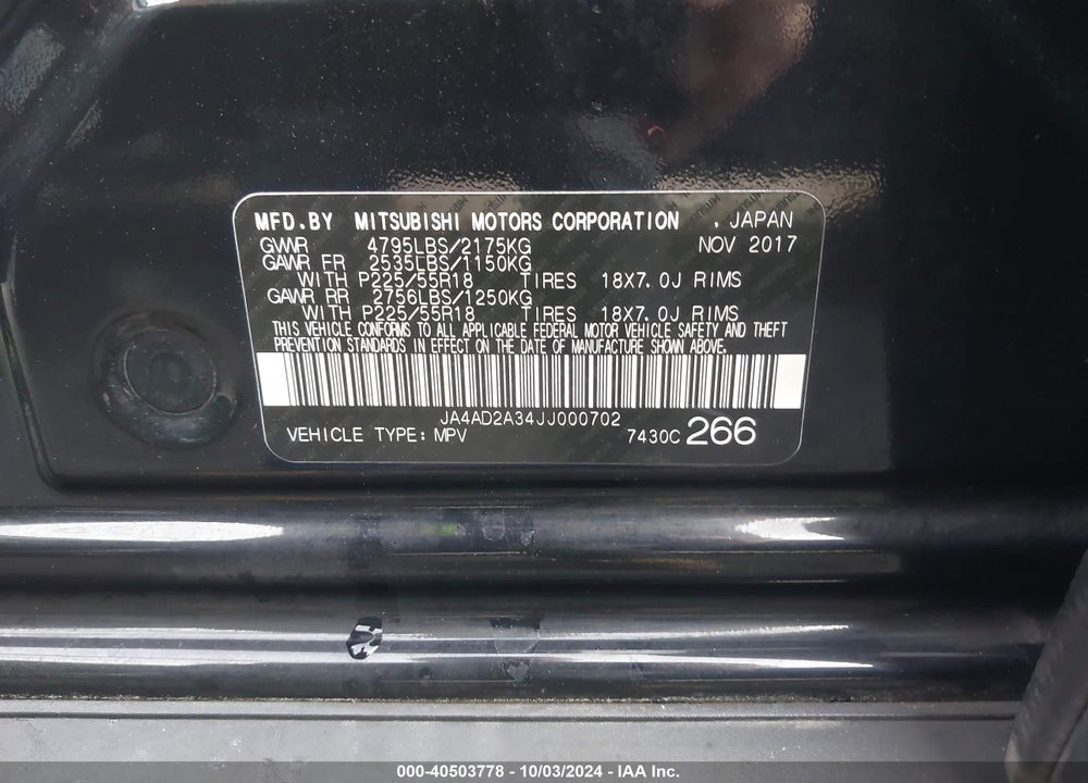 2018 MITSUBISHI OUTLANDER ES VIN: JA4AD2A34JJ000702