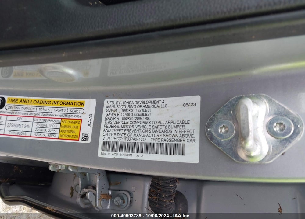 2023 HONDA ACCORD EX VIN: 1HGCY1F33PA041242
