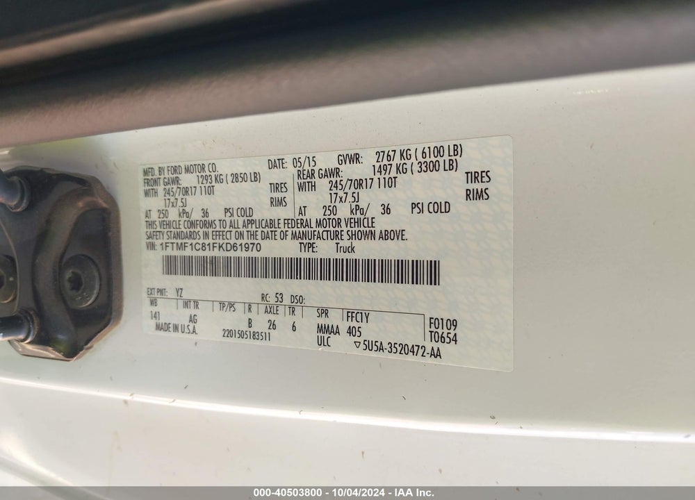 2015 FORD F-150 XL VIN: 1FTMF1C81FKD61970