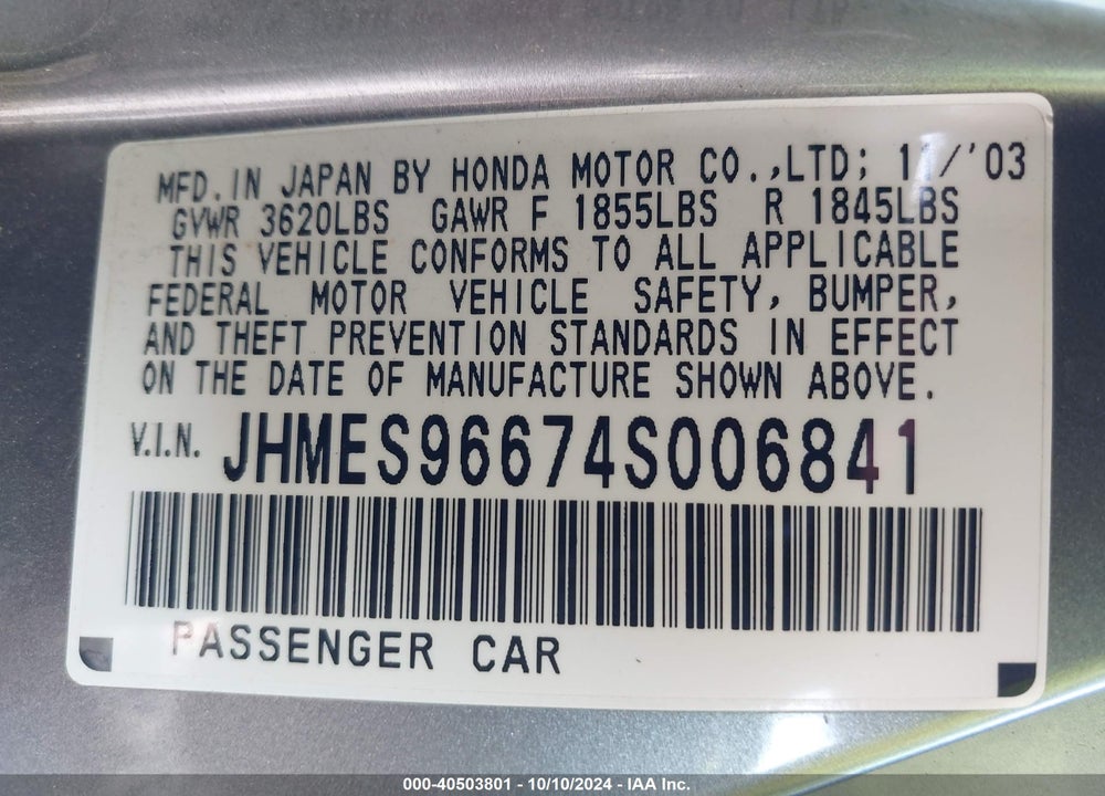 2004 HONDA CIVIC HYBRID VIN: JHMES96674S006841