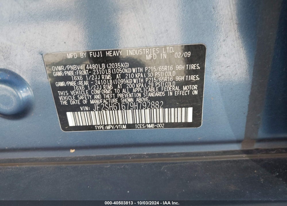 2009 SUBARU FORESTER 2.5X VIN: JF2SH61679H792882