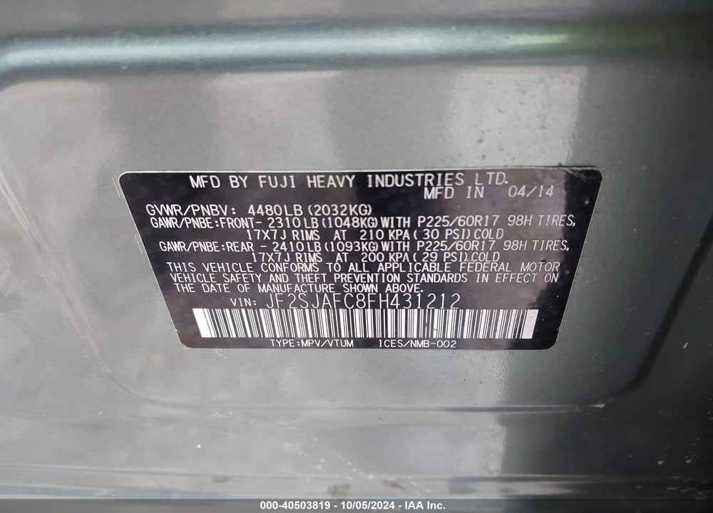2015 SUBARU FORESTER 2.5I PREMIUM VIN: JF2SJAFC8FH431212