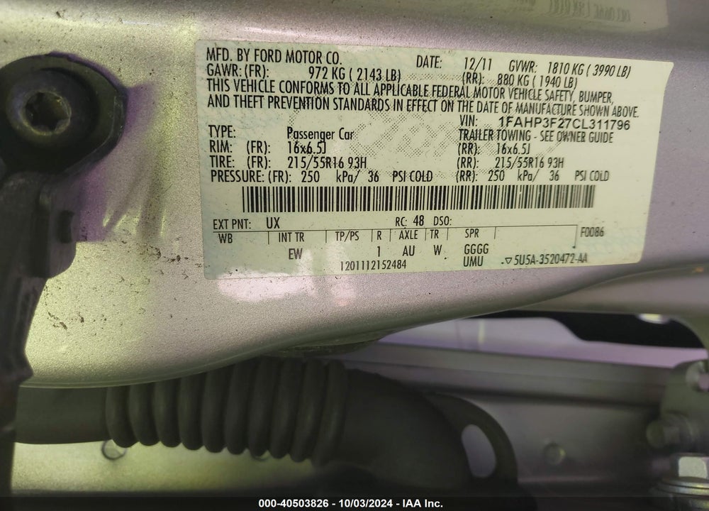2012 FORD FOCUS SE VIN: 1FAHP3F27CL311796