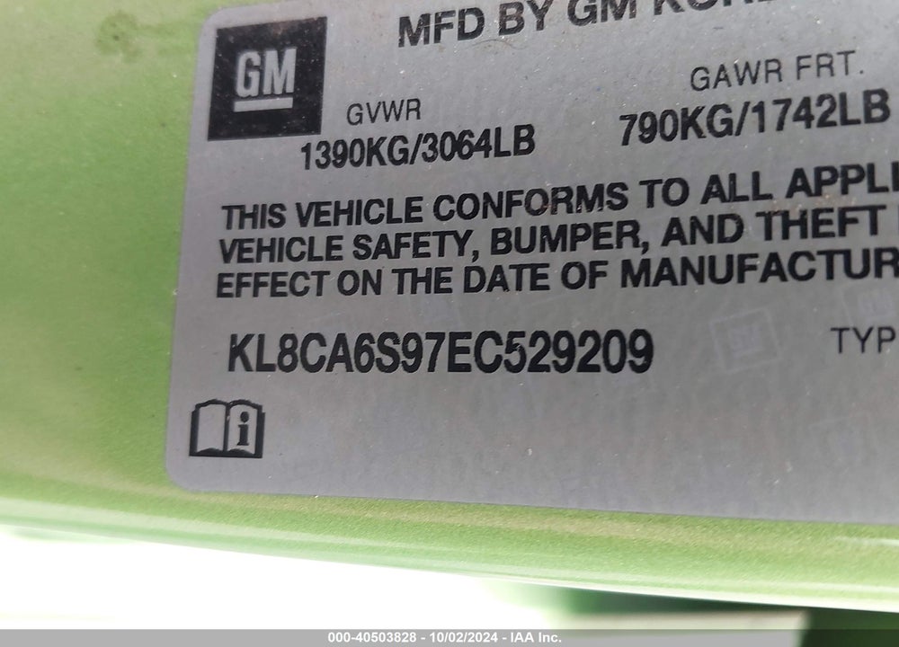2014 CHEVROLET SPARK LS MANUAL VIN: KL8CA6S97EC529209