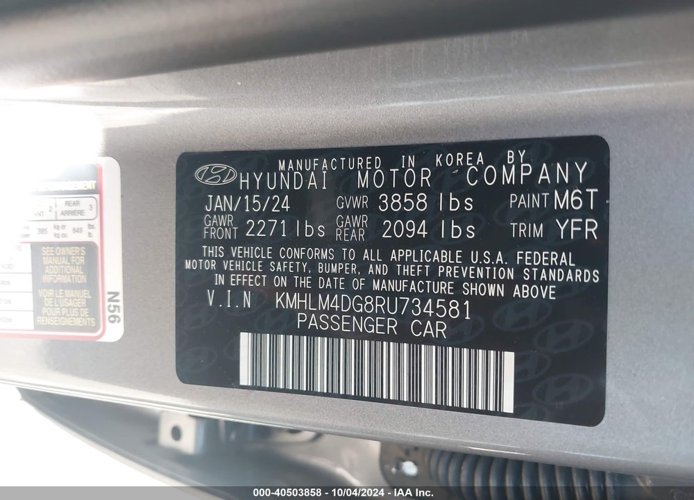 2024 HYUNDAI ELANTRA SEL VIN: KMHLM4DG8RU734581