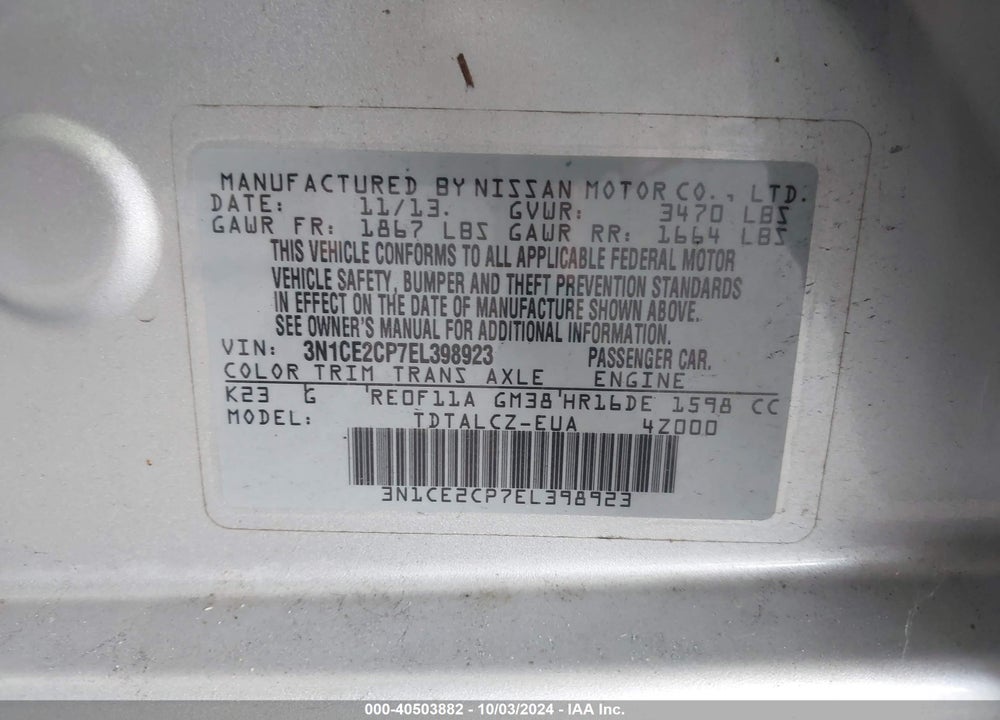 2014 NISSAN VERSA NOTE S PLUS VIN: 3N1CE2CP7EL398923