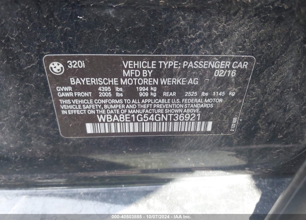 2016 BMW 320I VIN: WBA8E1G54GNT36921