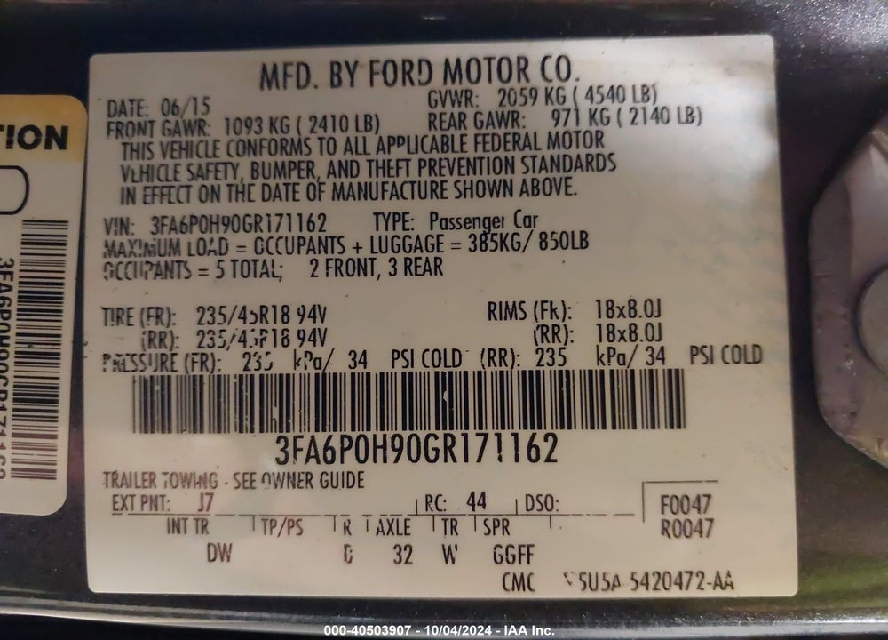 2016 FORD FUSION SE VIN: 3FA6P0H90GR171162